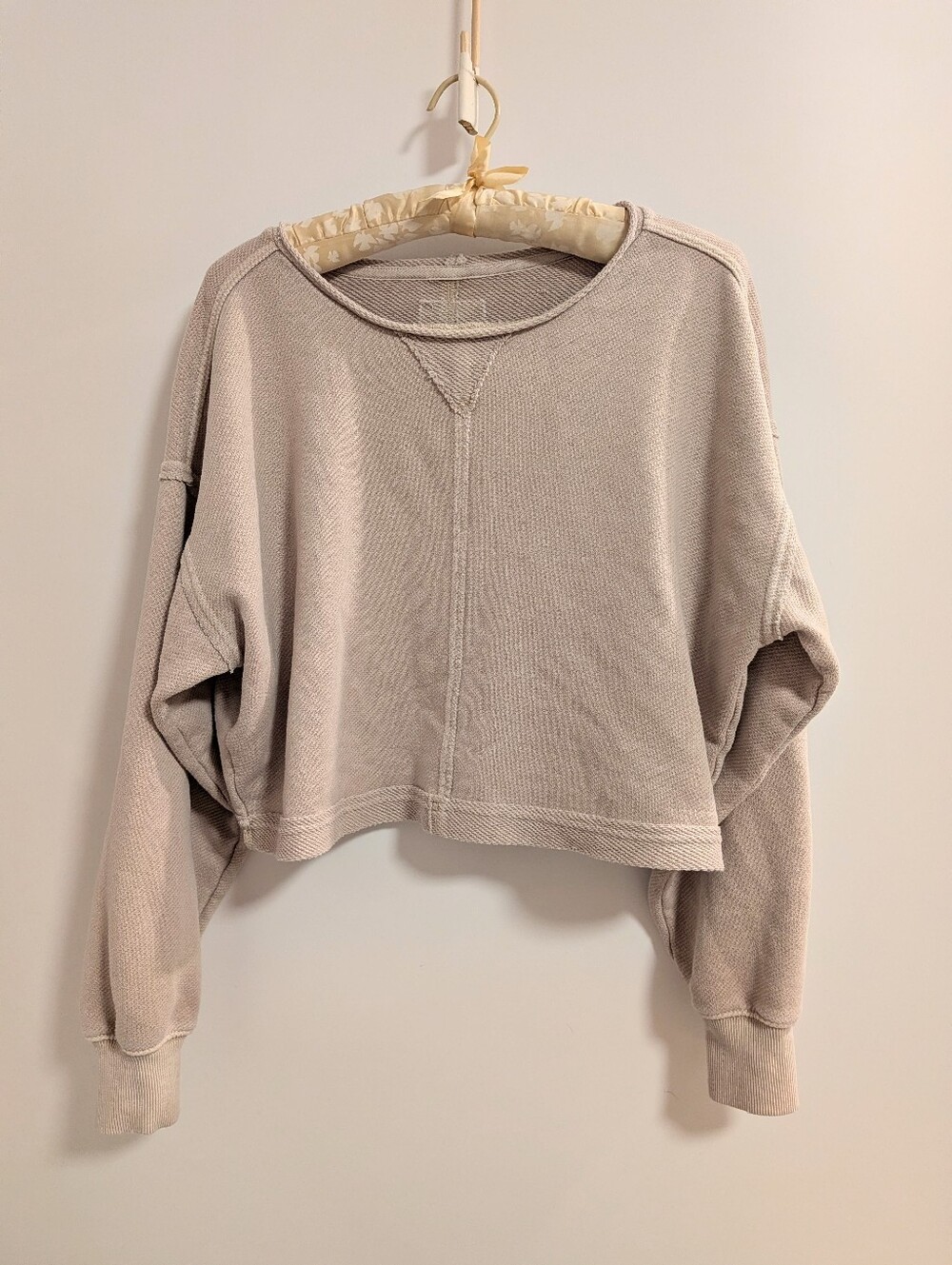 Aerie Cropped Lightweight Crewneck Sweatshirt in Light Taupe